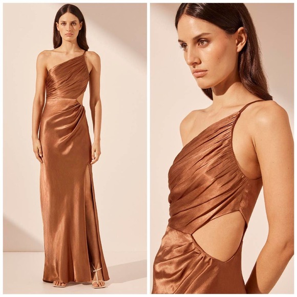 Shona Joy Dresses & Skirts - NWT Shona Joy Free People LA Lune Asymmetrical Bronze Satin Maxi Dress $360 Sz 6